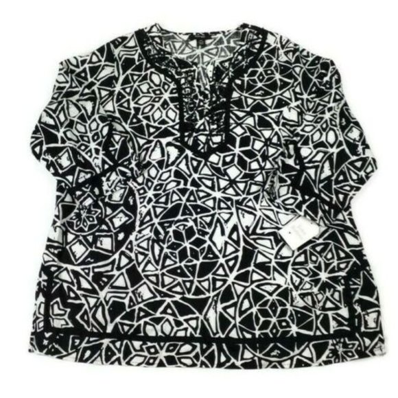 Style & Co Black White Tile Print 3/4 Sleeve 100% Linen Tunic Top Womens 24W NWT - Picture 10 of 13